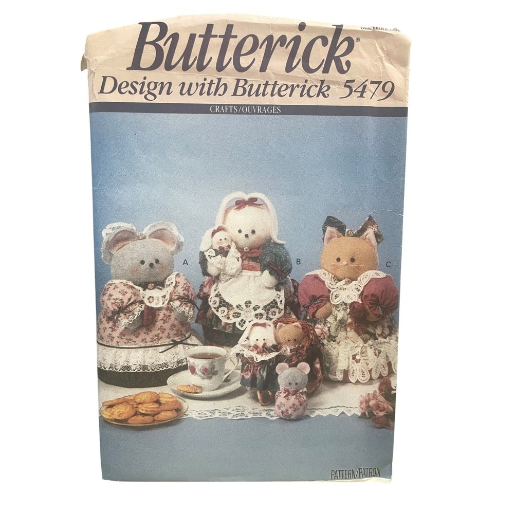 Butterick 5479 Critter Cookie Tin Dolls Mouse Bunny Cat Crafts Vintage